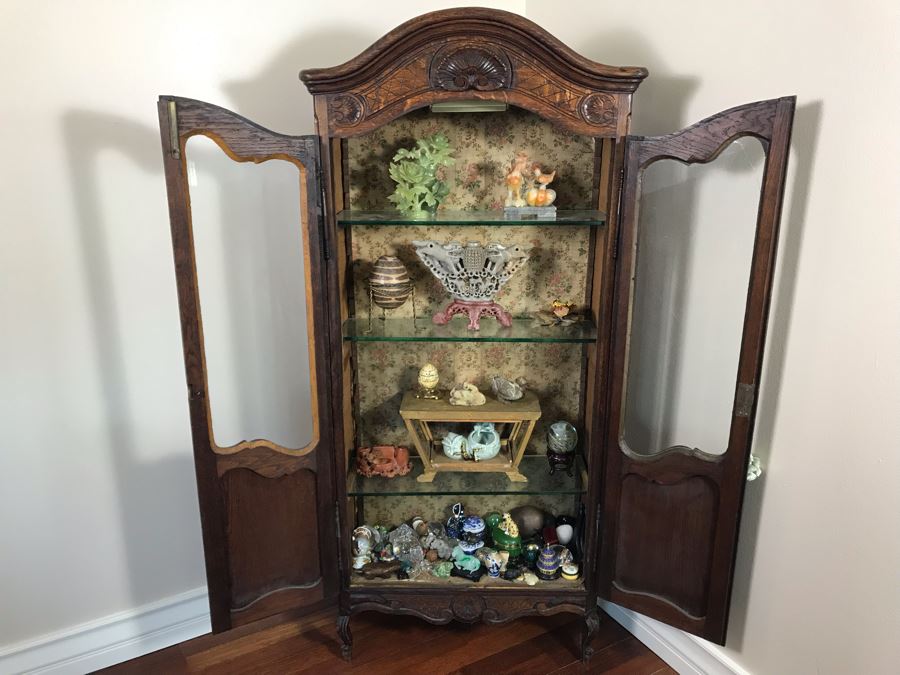 Antique French Hand Carved Wooden Curio Display Cabinet With Overhead Lighting 28W X 61H [Photo 15]