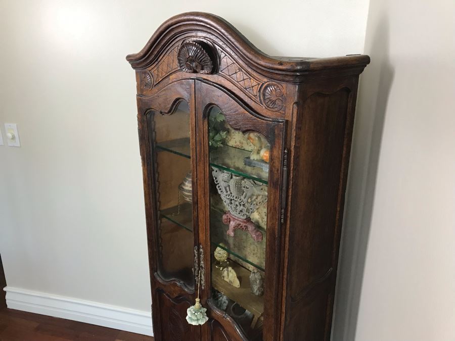 Antique French Hand Carved Wooden Curio Display Cabinet With Overhead Lighting 28W X 61H [Photo 14]
