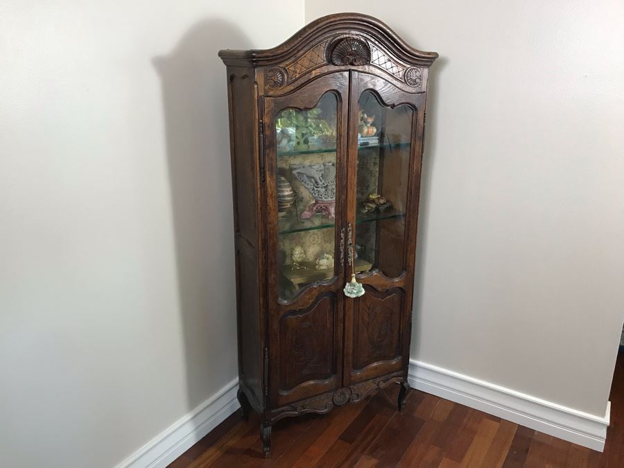 Antique French Hand Carved Wooden Curio Display Cabinet With Overhead Lighting 28W X 61H [Photo 5]