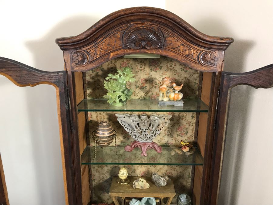 Antique French Hand Carved Wooden Curio Display Cabinet With Overhead Lighting 28W X 61H [Photo 16]