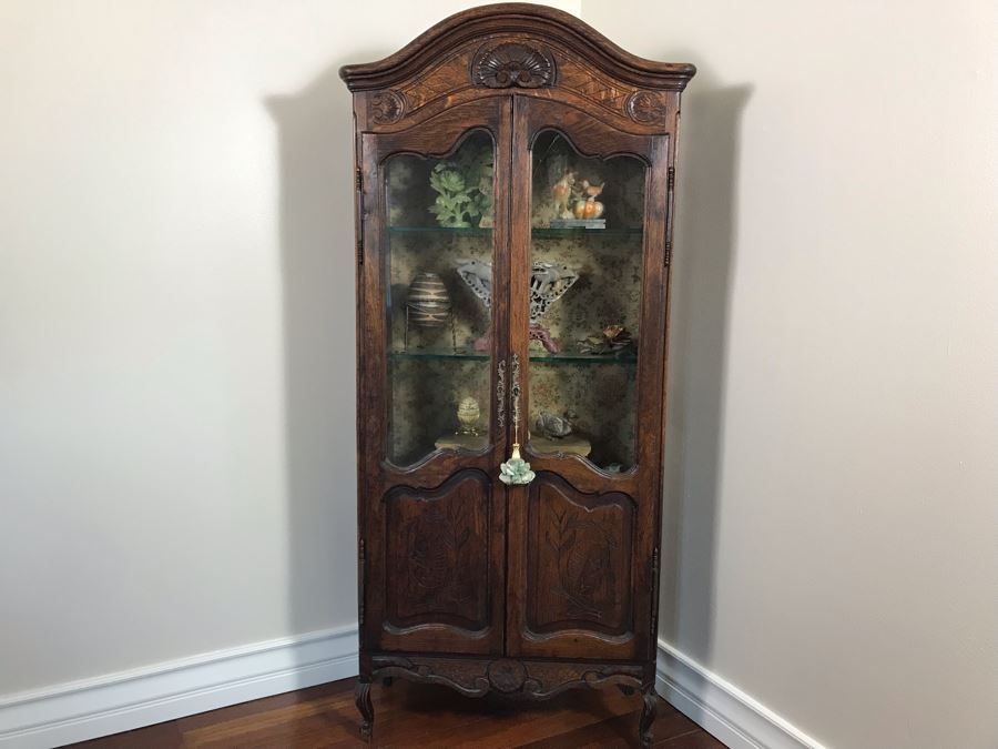 Antique French Hand Carved Wooden Curio Display Cabinet With Overhead Lighting 28W X 61H [Photo 3]