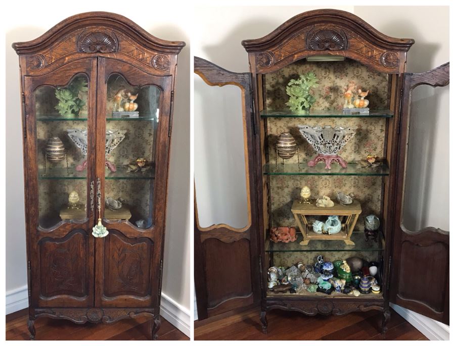 Antique French Hand Carved Wooden Curio Display Cabinet With Overhead Lighting 28W X 61H [Photo 1]