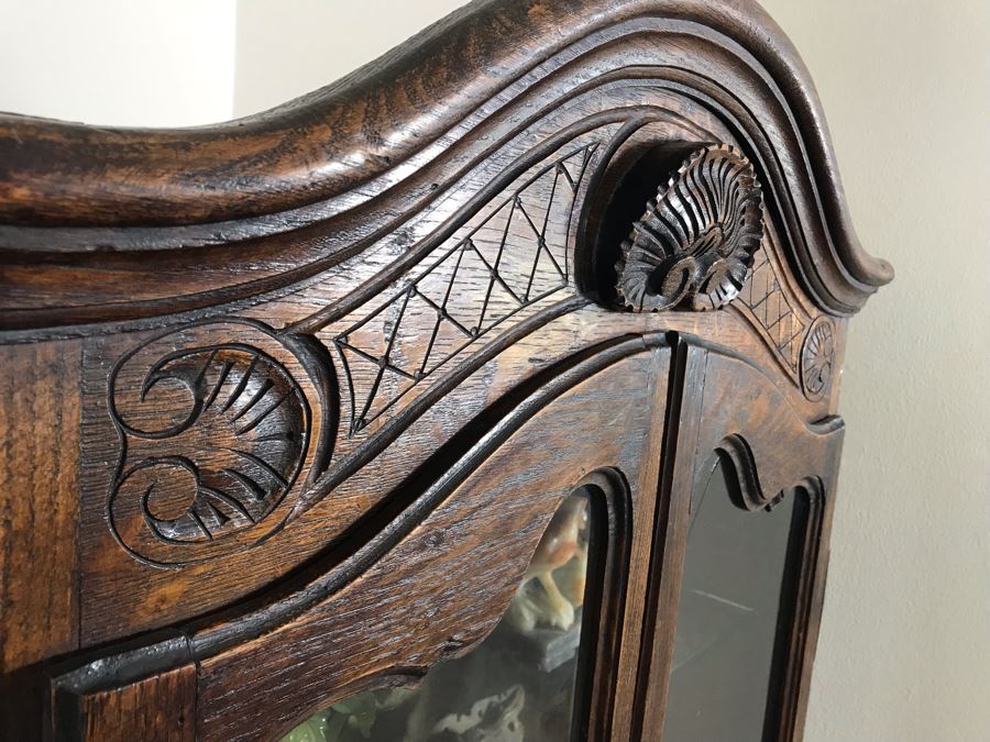 Antique French Hand Carved Wooden Curio Display Cabinet With Overhead Lighting 28W X 61H [Photo 8]