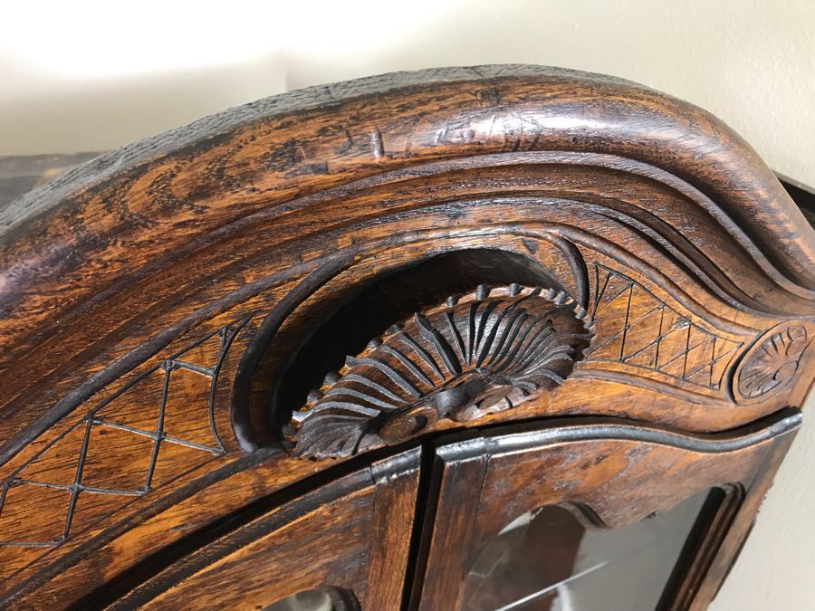 Antique French Hand Carved Wooden Curio Display Cabinet With Overhead Lighting 28W X 61H [Photo 7]