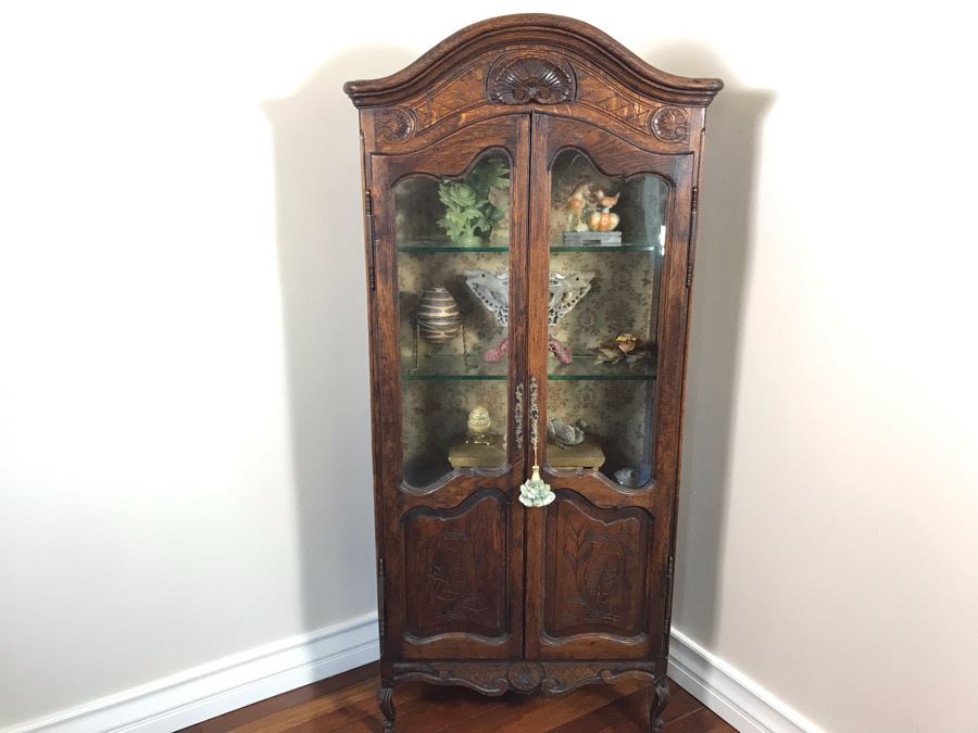 Antique French Hand Carved Wooden Curio Display Cabinet With Overhead Lighting 28W X 61H [Photo 2]