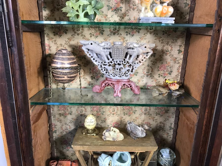 Antique French Hand Carved Wooden Curio Display Cabinet With Overhead Lighting 28W X 61H [Photo 18]