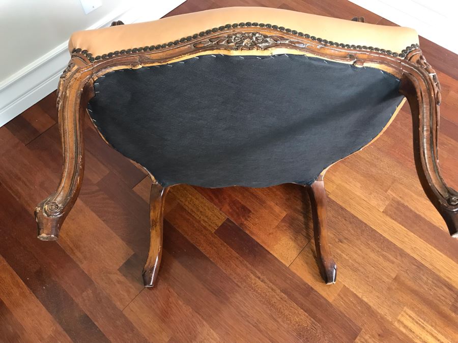 Vintage Wooden Leather Upholstered Armchair With Brass Nailheads [Photo 11]