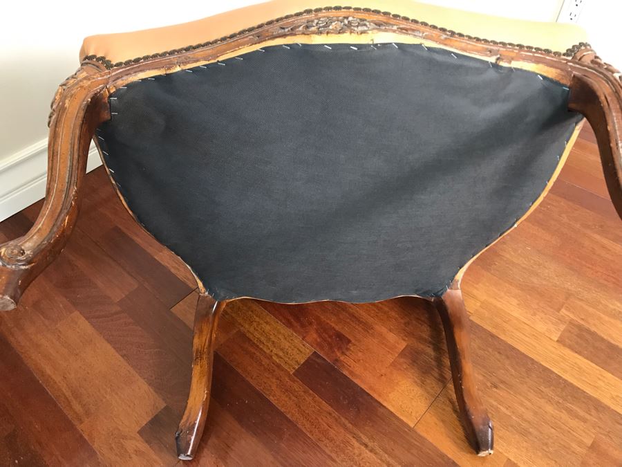 Vintage Wooden Leather Upholstered Armchair With Brass Nailheads [Photo 12]