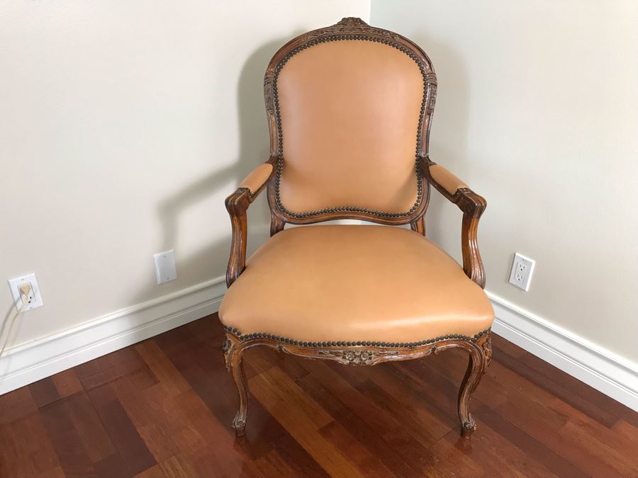 Vintage Wooden Leather Upholstered Armchair With Brass Nailheads [Photo 2]