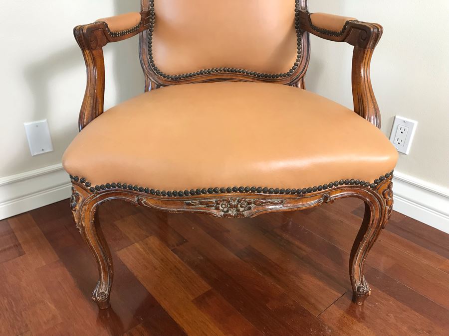 Vintage Wooden Leather Upholstered Armchair With Brass Nailheads [Photo 5]