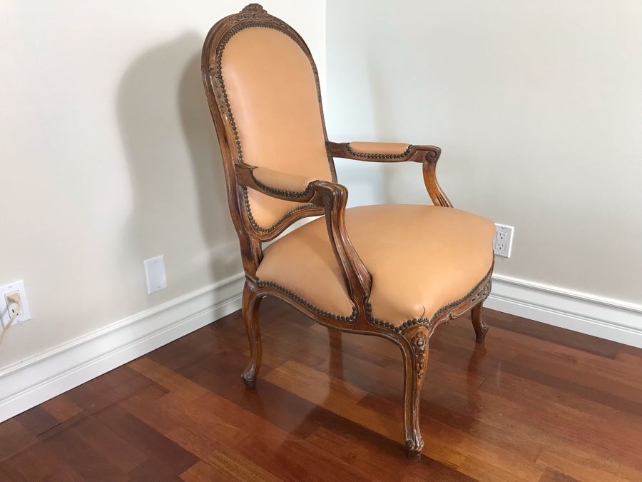 Vintage Wooden Leather Upholstered Armchair With Brass Nailheads [Photo 7]