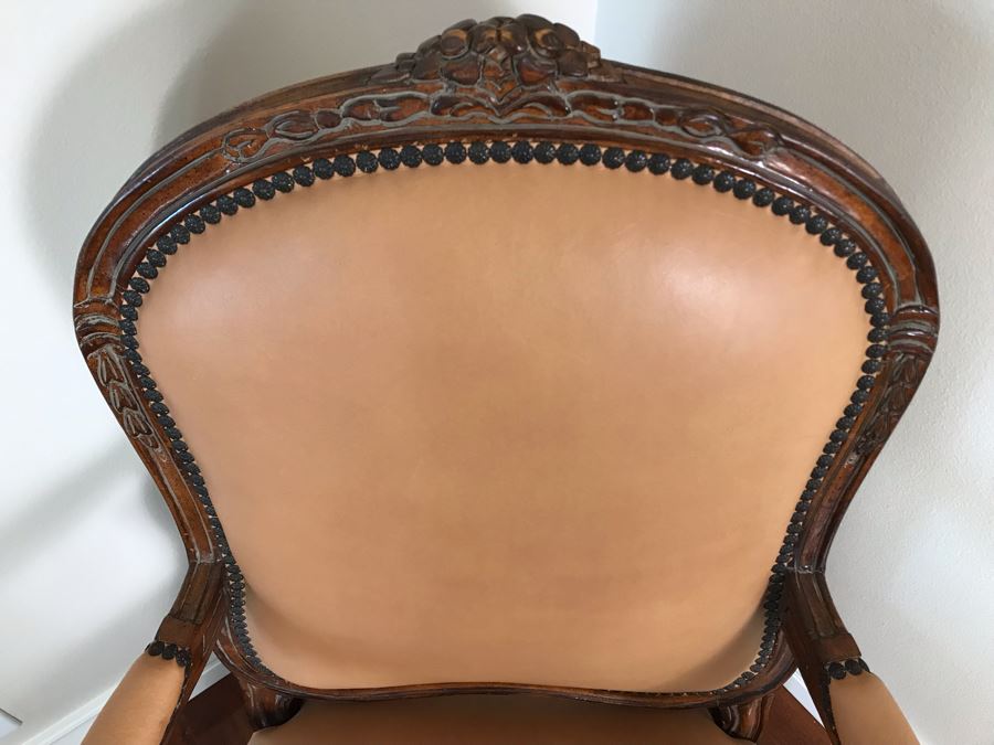 Vintage Wooden Leather Upholstered Armchair With Brass Nailheads [Photo 3]