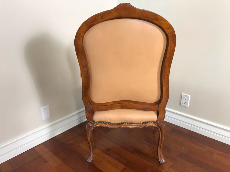 Vintage Wooden Leather Upholstered Armchair With Brass Nailheads [Photo 9]