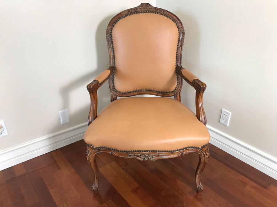 Vintage Wooden Leather Upholstered Armchair With Brass Nailheads [Photo 6]