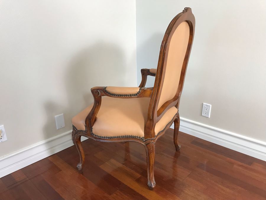 Vintage Wooden Leather Upholstered Armchair With Brass Nailheads [Photo 10]