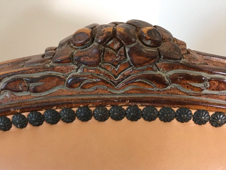 Vintage Wooden Leather Upholstered Armchair With Brass Nailheads [Photo 4]