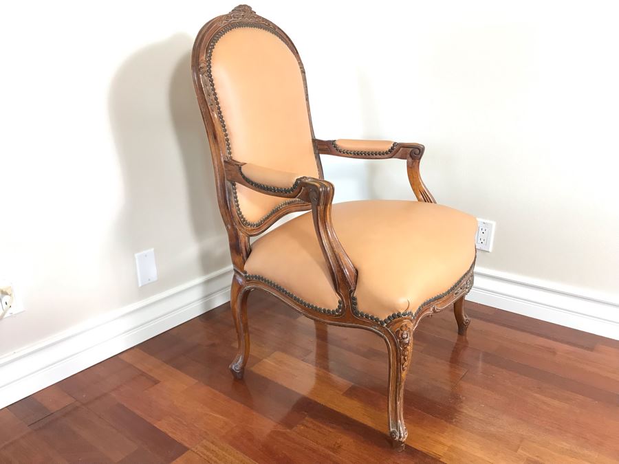 Vintage Wooden Leather Upholstered Armchair With Brass Nailheads [Photo 8]
