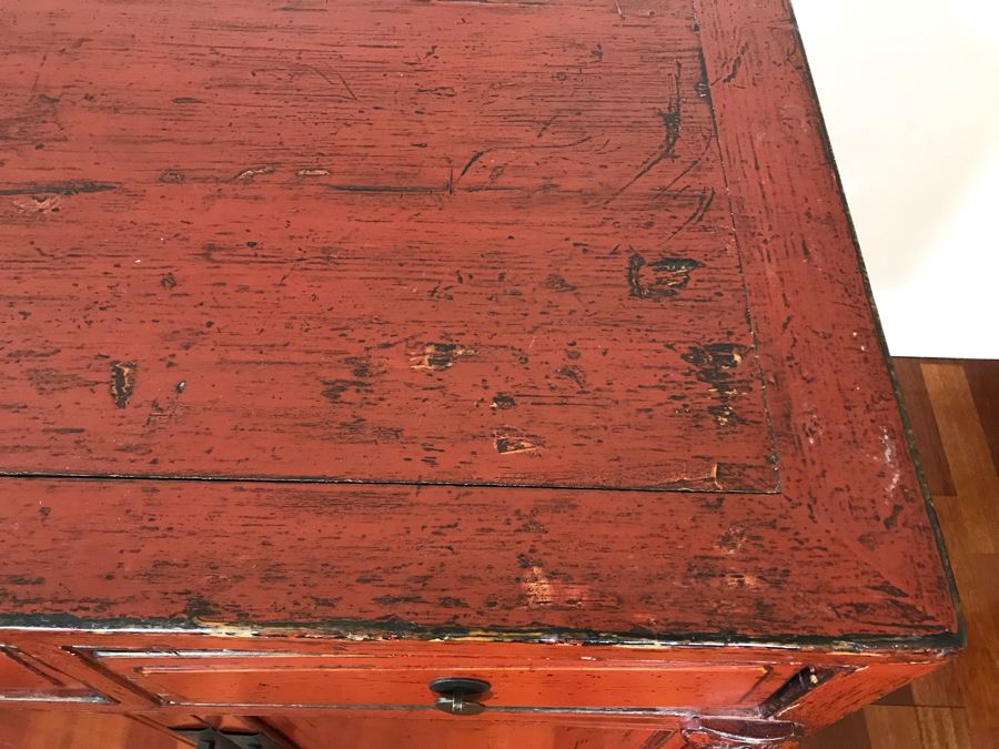 Antique Chinese 2-Drawer Cabinet Painted Red With Brass Hardware 30.5W X 19D X 30H [Photo 5]
