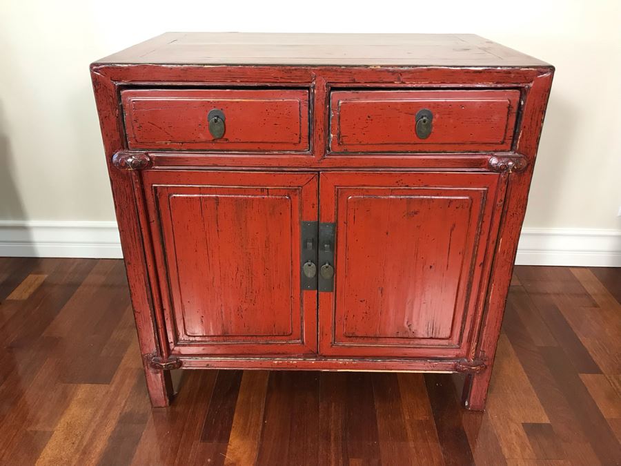 Antique Chinese 2-Drawer Cabinet Painted Red With Brass Hardware 30.5W X 19D X 30H
