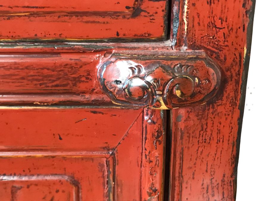 Antique Chinese 2-Drawer Cabinet Painted Red With Brass Hardware 30.5W X 19D X 30H [Photo 6]