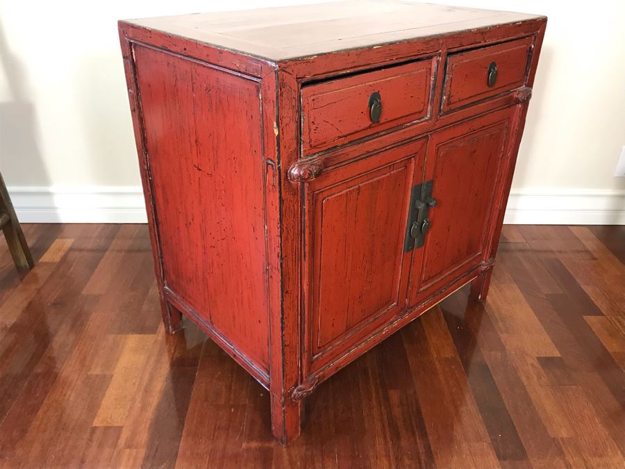 Antique Chinese 2-Drawer Cabinet Painted Red With Brass Hardware 30.5W X 19D X 30H [Photo 15]