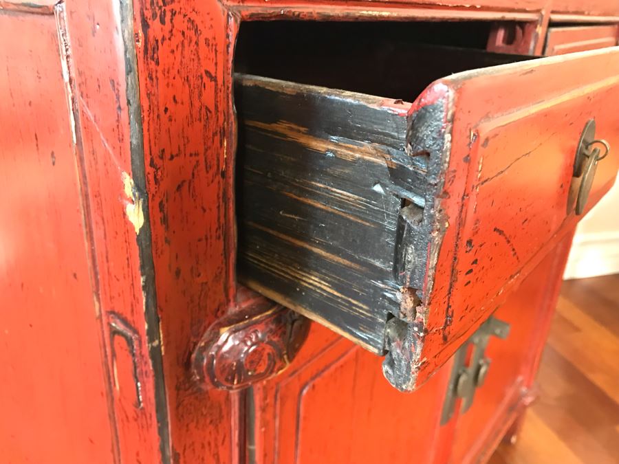 Antique Chinese 2-Drawer Cabinet Painted Red With Brass Hardware 30.5W X 19D X 30H [Photo 19]