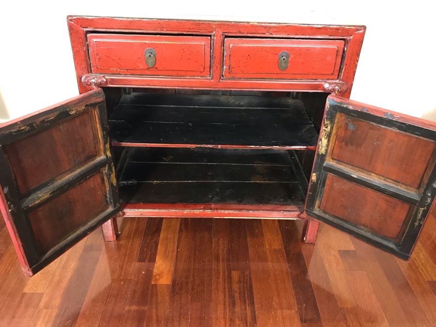 Antique Chinese 2-Drawer Cabinet Painted Red With Brass Hardware 30.5W X 19D X 30H [Photo 9]