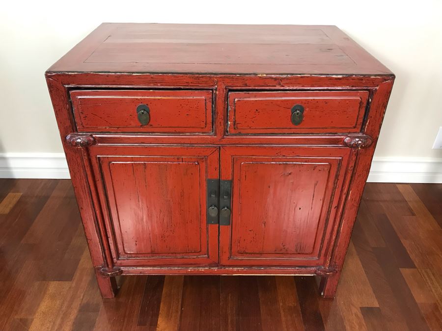 Antique Chinese 2-Drawer Cabinet Painted Red With Brass Hardware 30.5W X 19D X 30H [Photo 3]