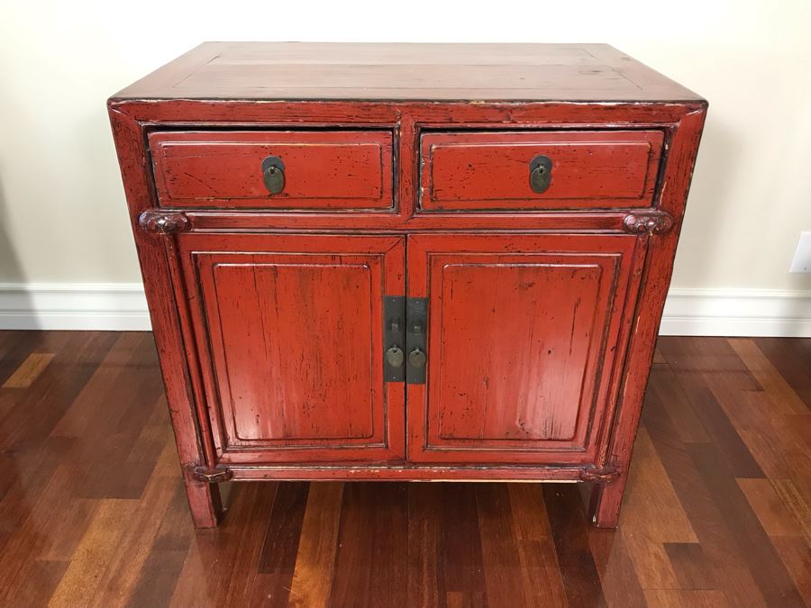 Antique Chinese 2-Drawer Cabinet Painted Red With Brass Hardware 30.5W X 19D X 30H [Photo 2]