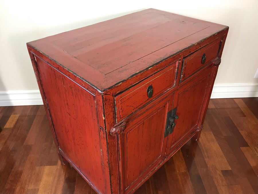 Antique Chinese 2-Drawer Cabinet Painted Red With Brass Hardware 30.5W ...