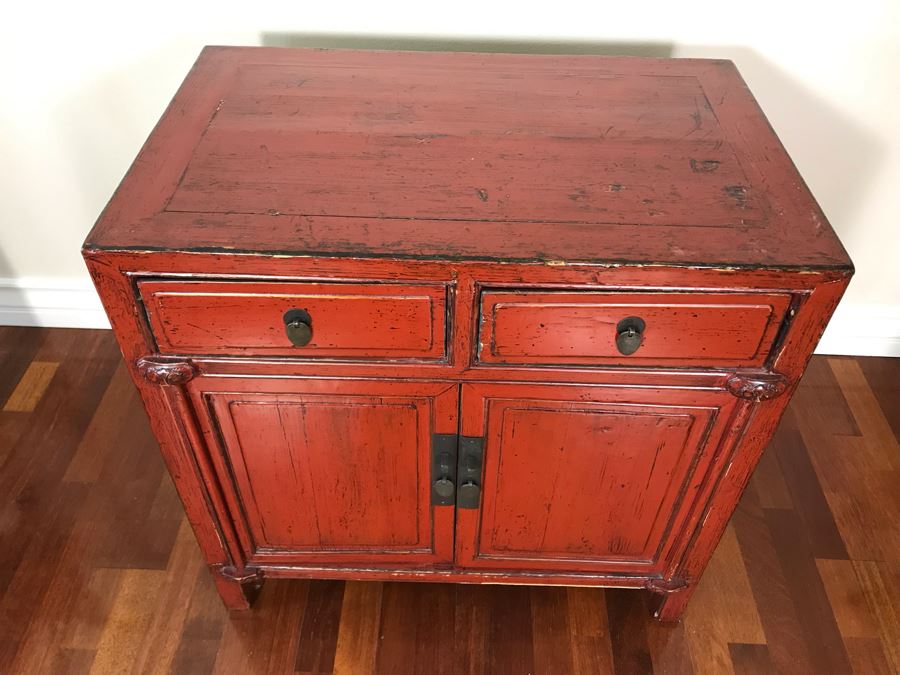 Antique Chinese 2-Drawer Cabinet Painted Red With Brass Hardware 30.5W ...