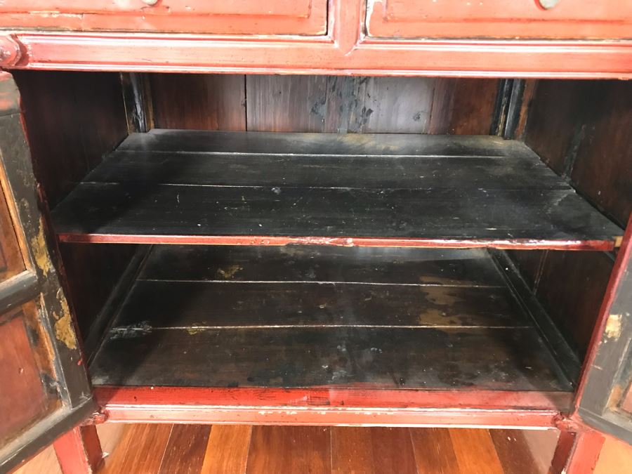 Antique Chinese 2-Drawer Cabinet Painted Red With Brass Hardware 30.5W X 19D X 30H [Photo 10]