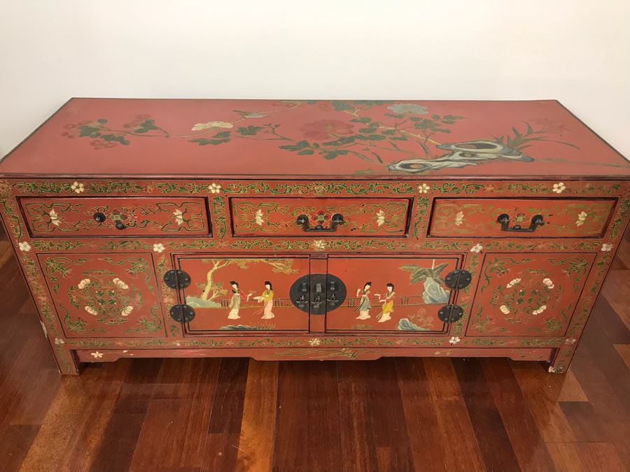 Vintage Chinese Ornate Hand Painted Credenza Cabinet Decorated On Front, Top And Sides 43W X 15D X 19H - See Photos [Photo 3]
