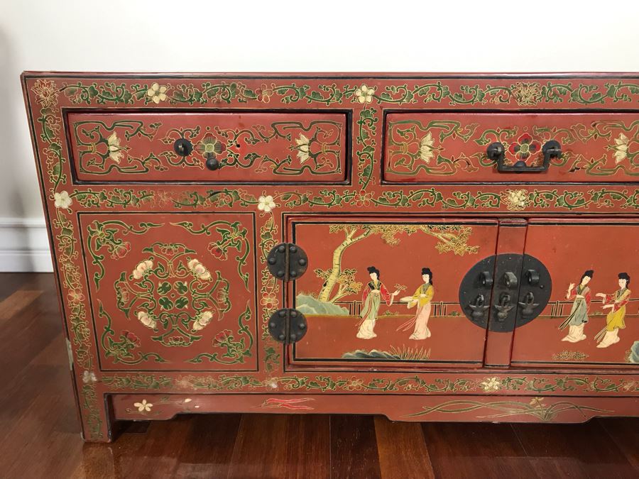 Vintage Chinese Ornate Hand Painted Credenza Cabinet Decorated On Front, Top And Sides 43W X 15D X 19H - See Photos [Photo 5]