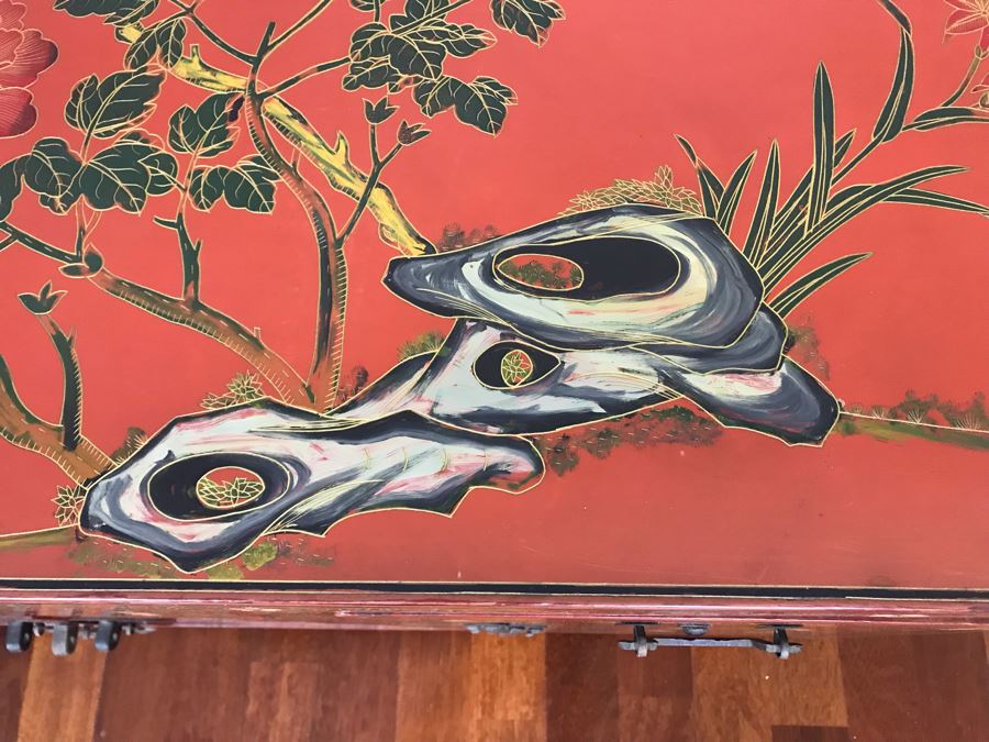 Vintage Chinese Ornate Hand Painted Credenza Cabinet Decorated On Front, Top And Sides 43W X 15D X 19H - See Photos [Photo 8]