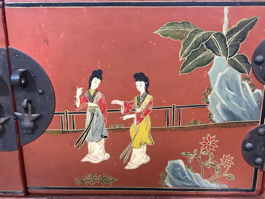 Vintage Chinese Ornate Hand Painted Credenza Cabinet Decorated On Front, Top And Sides 43W X 15D X 19H - See Photos [Photo 12]
