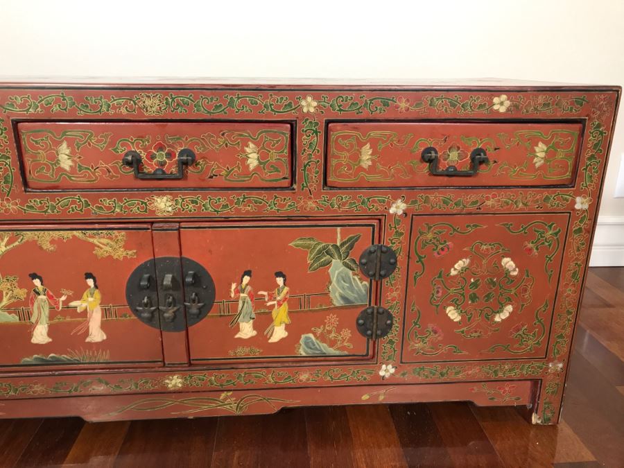Vintage Chinese Ornate Hand Painted Credenza Cabinet Decorated On Front, Top And Sides 43W X 15D X 19H - See Photos [Photo 6]