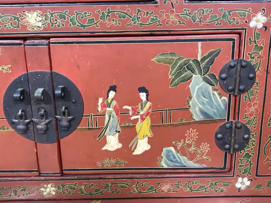 Vintage Chinese Ornate Hand Painted Credenza Cabinet Decorated On Front, Top And Sides 43W X 15D X 19H - See Photos [Photo 11]