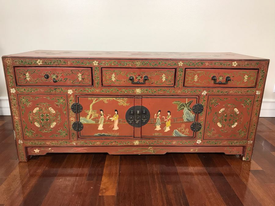 Vintage Chinese Ornate Hand Painted Credenza Cabinet Decorated On Front, Top And Sides 43W X 15D X 19H - See Photos [Photo 2]