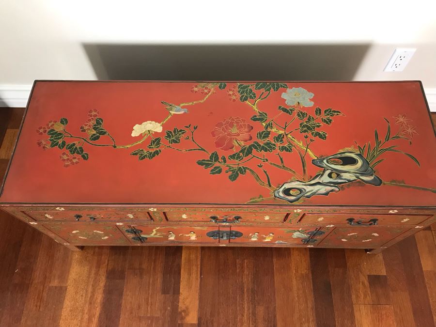Vintage Chinese Ornate Hand Painted Credenza Cabinet Decorated On Front, Top And Sides 43W X 15D X 19H - See Photos [Photo 7]