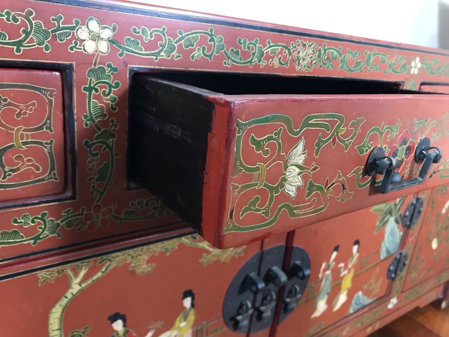 Vintage Chinese Ornate Hand Painted Credenza Cabinet Decorated On Front, Top And Sides 43W X 15D X 19H - See Photos [Photo 25]