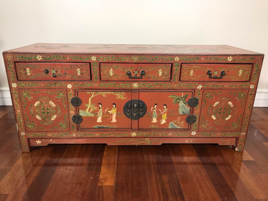 Vintage Chinese Ornate Hand Painted Credenza Cabinet Decorated On Front, Top And Sides 43W X 15D X 19H - See Photos