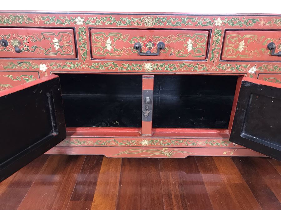 Vintage Chinese Ornate Hand Painted Credenza Cabinet Decorated On Front, Top And Sides 43W X 15D X 19H - See Photos [Photo 17]