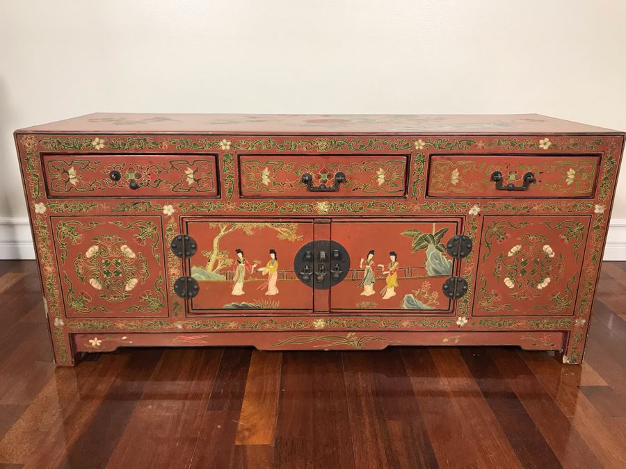 Vintage Chinese Ornate Hand Painted Credenza Cabinet Decorated On Front, Top And Sides 43W X 15D X 19H - See Photos [Photo 4]
