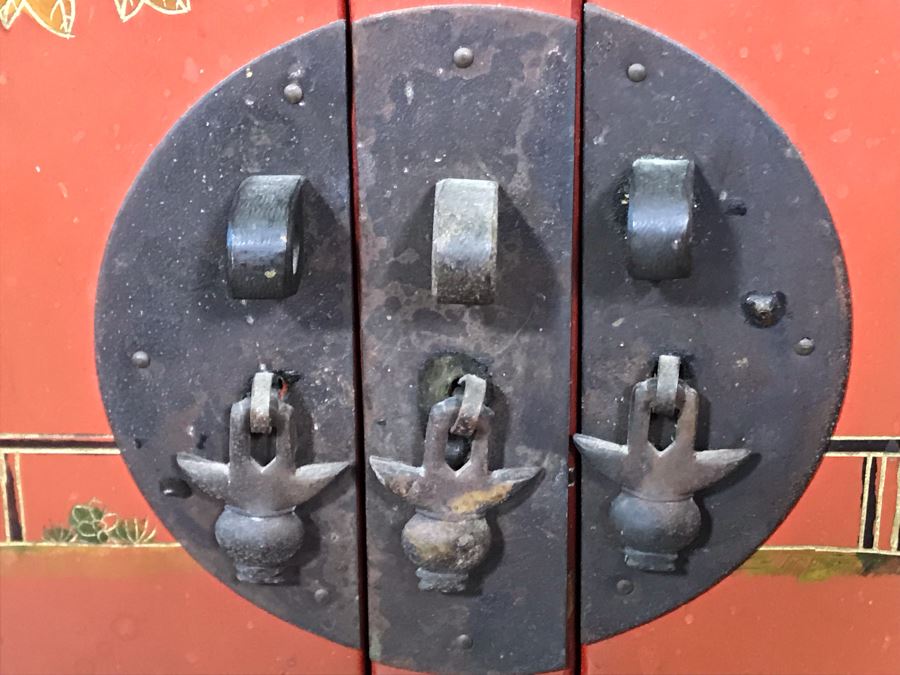 Vintage Chinese Ornate Hand Painted Credenza Cabinet Decorated On Front, Top And Sides 43W X 15D X 19H - See Photos [Photo 16]