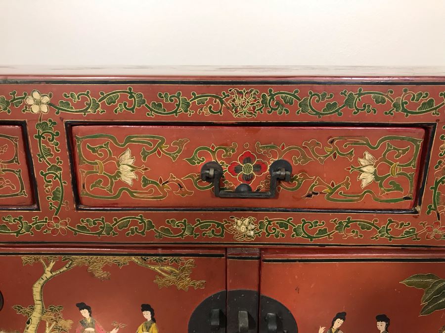 Vintage Chinese Ornate Hand Painted Credenza Cabinet Decorated On Front, Top And Sides 43W X 15D X 19H - See Photos [Photo 20]