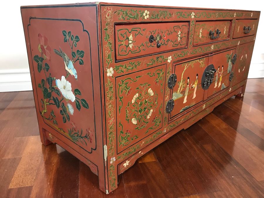Vintage Chinese Ornate Hand Painted Credenza Cabinet Decorated On Front, Top And Sides 43W X 15D X 19H - See Photos [Photo 26]