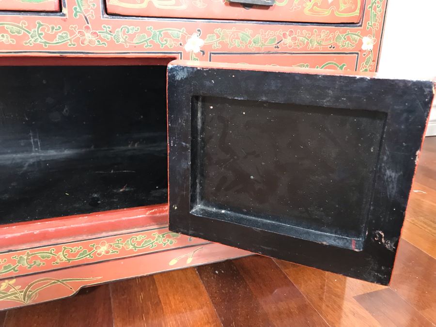 Vintage Chinese Ornate Hand Painted Credenza Cabinet Decorated On Front, Top And Sides 43W X 15D X 19H - See Photos [Photo 19]
