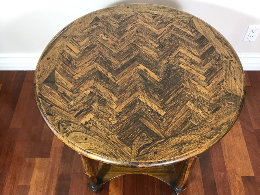Vintage Round 2-Tier Parquet Top Table 29R X 24H [Photo 5]