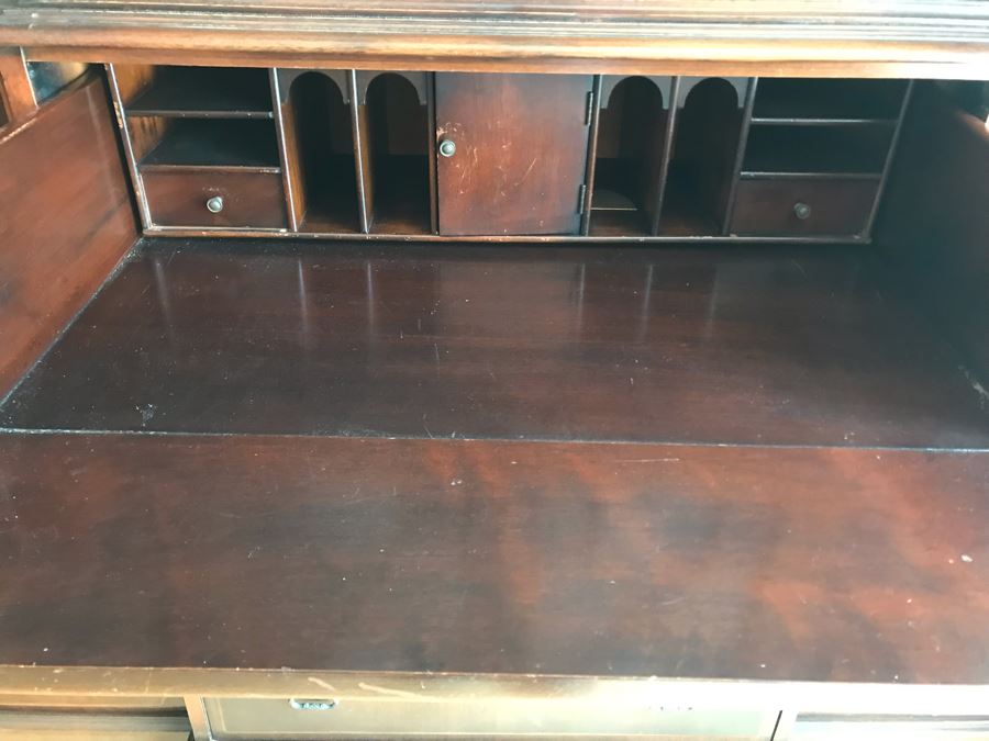 Vintage 2-Piece Wooden Breakfront Bookcase With Pull-Out Desk 56W X 15D X 84H [Photo 9]